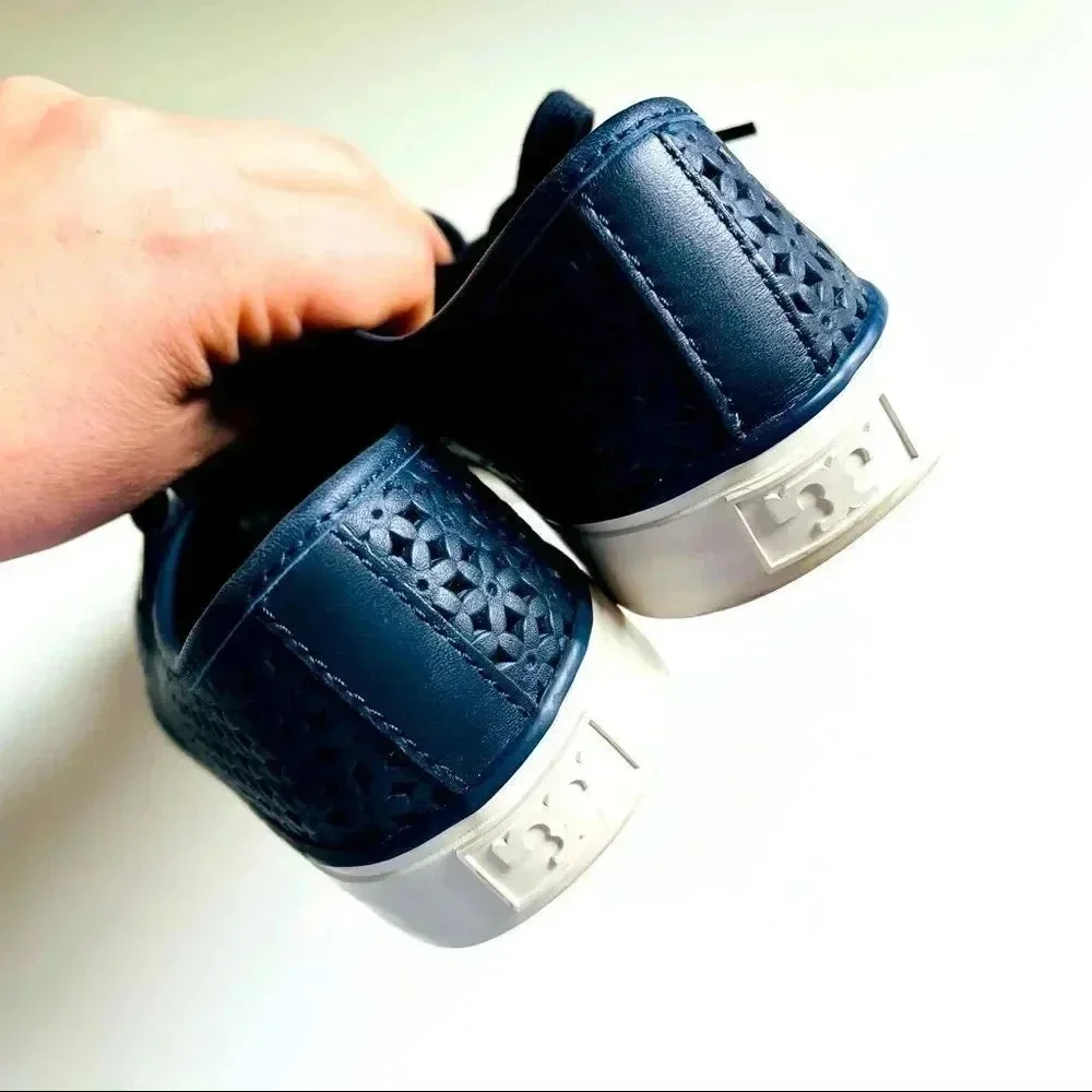 Tory Burch Navy Floral Perforated Leather/Suede Sneakers